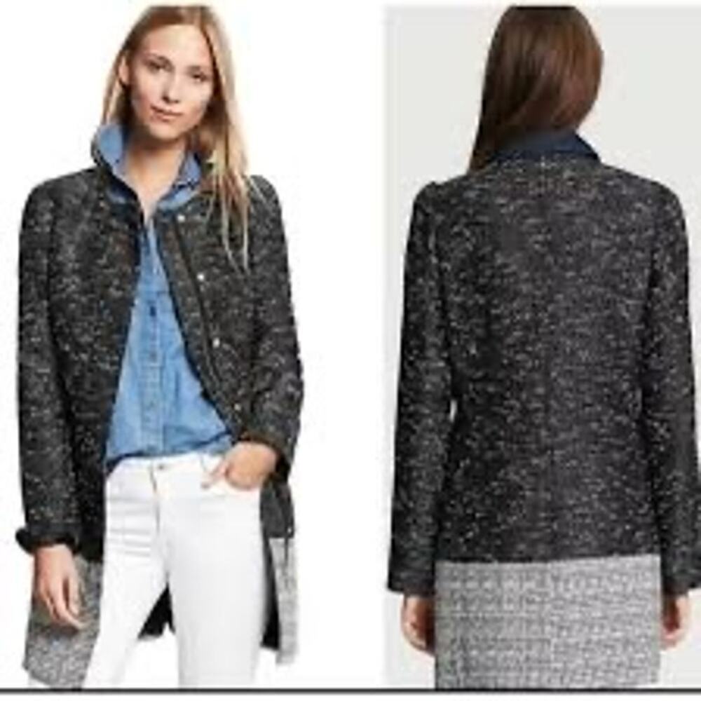 Banana Republic Black Tweed Jacket Sz XS Panel Contrast Zip Collarless Jacket